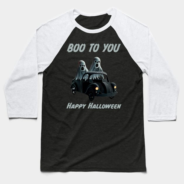 Boo to You 2 Ghosts in a Car for Halloween Parade Baseball T-Shirt by FrogAndToadsWorkshop